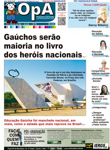 Capa do jornal O Pequeno Aprendiz Edição 085 de Junho de 2012.