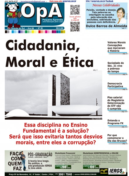 Capa do jornal O Pequeno Aprendiz Edição 089 de Outubro de 2012.